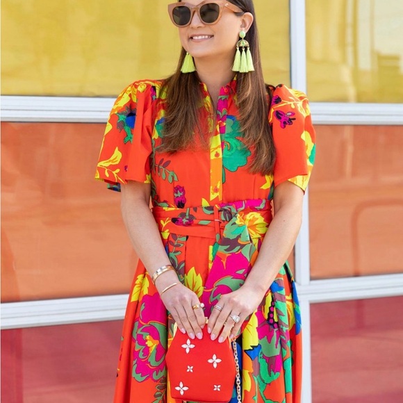 Floral Coral Maxi Shirt Dress with Belt - Picture 9 of 16